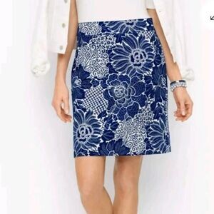 NWT Talbots Blue White Floral Print Skirt Size 12 Cotton Blend Lined A-Line